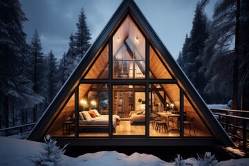 A Serene Winter Evening at a Secluded A-Frame Cabin Nestled in the Heart of a Snow-Covered Pine Forest with Warm Lights Glowing from Inside