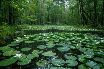A pond surrounded by a lush green forest with white water lilies in bloom