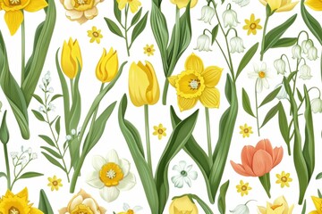 Spring flowers seamless pattern with yellow and white tulips and daffodils on white background