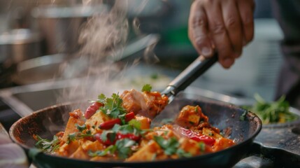 A chef garnishing paneer dishes with fresh cilantro and sliced chili peppers, adding a burst of color and flavor to the vibrant Indian cuisine.