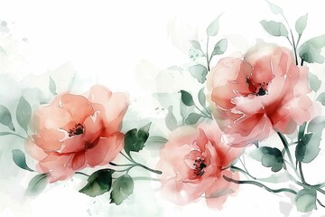 Watercolor painting of delicate pink roses with green leaves on a clean white background