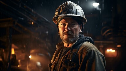 Portrait of a male construction worker wearing a hard hat and looking at the camera with a serious expression