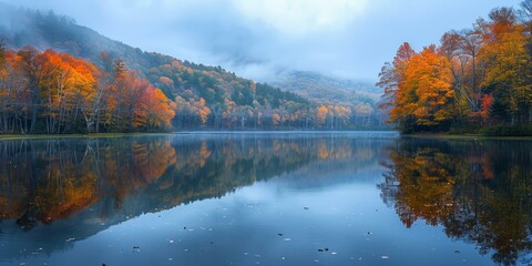 A beautiful autumn landscape with a lake reflecting the colorful trees