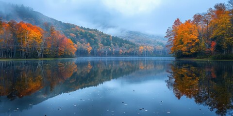 Fototapeta premium A beautiful autumn landscape with a lake reflecting the colorful trees