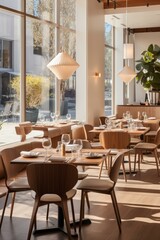 Fototapeta premium Elegant restaurant interior with large windows and wooden furniture