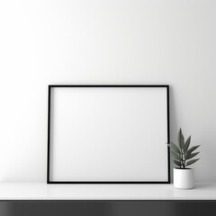 Fototapeta na wymiar Black picture frame mockup with potted plant on white table against a white wall background. 3d rendering
