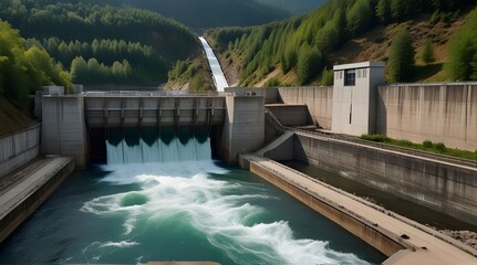 Hydropower plant with turbines and water spills for generating green electricity.generative.ai