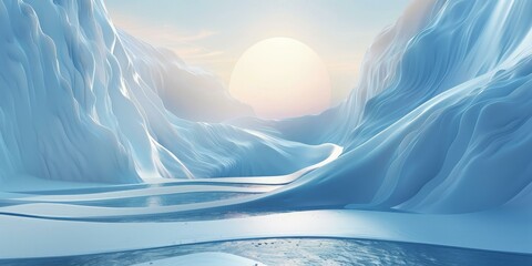 Icy Blue Landscape with Towering Snow-Capped Mountains and a Glowing Sun