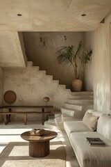 Earthy Staircase Design With Palm Tree