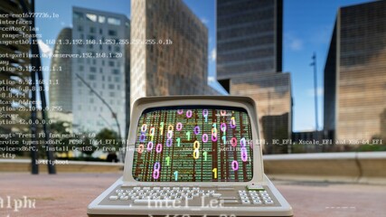 computer with city skyscraper skyline and code and data on screen