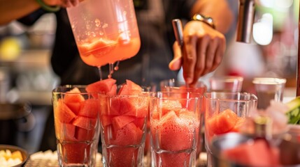 A chef preparing a batch of refreshing watermelon smoothies, blending chunks of juicy fruit with ice for a hydrating and revitalizing beverage.
