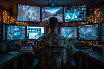 Fototapeta na wymiar Soldier monitors multiple computer screens in a dark room