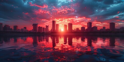 A stunning cityscape with a vibrant red sunset and a calm lake reflecting the beauty of the urban landscape