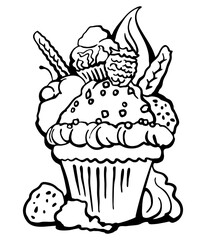 Sweet tasty dessert cupcake with cream and deco for morning breakfast in café or restaurant. Mini birthday cake for pleasure. Hand drawn colorful retro vintage illustration. Old style drawing.