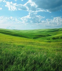 Green rolling hills under blue sky and white clouds
