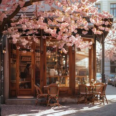 European-style cafes with pink cherry blossoms