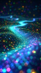 Colorful glowing dots form a wavy surface with a dark background