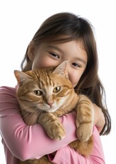 Little Asian girl hugging an orange cat