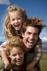 Happy family of three enjoying the outdoors