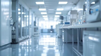 Modern Hospital Corridor with Bright Lighting and Medical Equipment