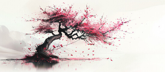 A ancient sakura tree paint with pink petals flowing wind blows isolated on white background
