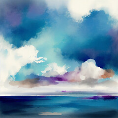 Illustration - seascape with clouds, minimalistic abstract rendition, watercolor and oil paint style