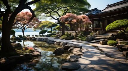 Japanese garden with a pond, trees, and a house - obrazy, fototapety, plakaty
