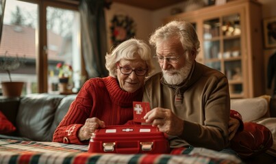 Senior couple looking at a first aid kit