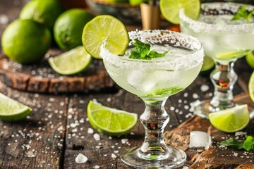Fototapeta premium Margarita presented on a rustic table in a lively Mexican cantina