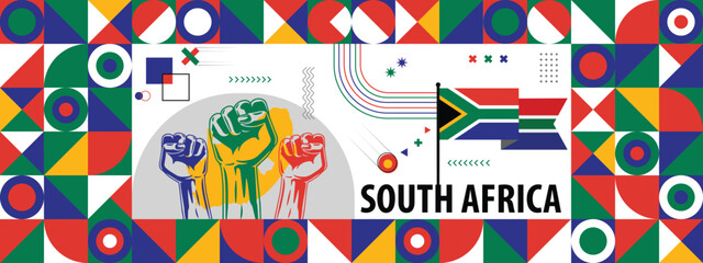 Flag and map of South Africa with raised fists. National day or Independence day design for Counrty celebration. Modern retro design with abstract icons. Vector illustration.