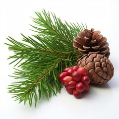 Pine branch with red berries and pine cones