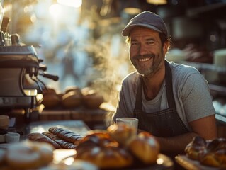 Bearded man leaning on counter in bakery