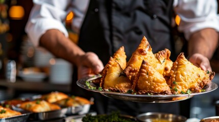 Naklejka premium A chef proudly presenting a platter of gourmet samosas at a culinary event, showcasing the versatility and creativity of Indian cuisine to food enthusiasts.