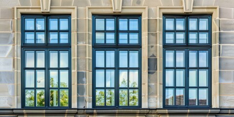 Three dark blue windows on a beige stone building