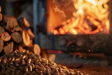 Wood stove heating scene with wooden pellets in the foreground. Detailed view of wood pellet stack with a wood stove ablaze with lively and abundant flames in the background. Generative AI