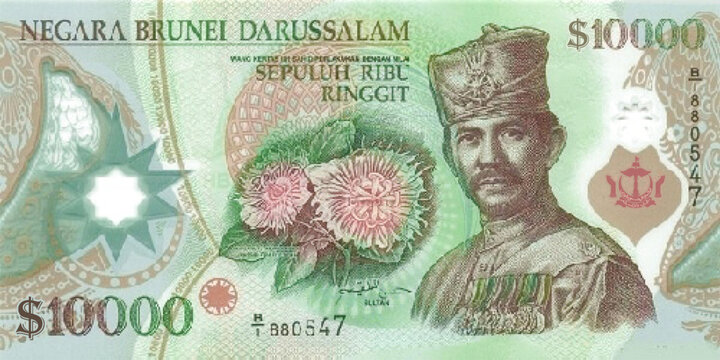 Vector obverse high polygonal pixel mosaic banknote of Brunei. Front side. Denominations of bill 10000 ringgit. Game money of flyer.