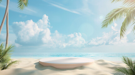 Beach podium on the white beach sand and bluesky for product display cosmetic mockup