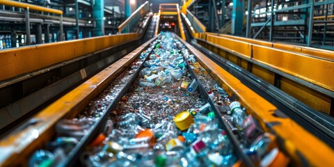 Obraz premium factory production line with conveyor belt full of plastic bottles for recycling