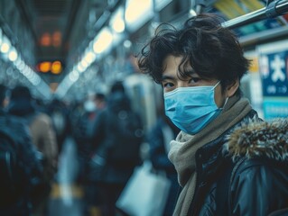 Obraz premium Portrait of a young man wearing a mask on a crowded train