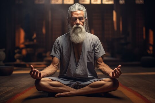 Portrait of elderly men sit in the lotus position meditating in a yoga studio. Mental and spiritual health development at any age	
