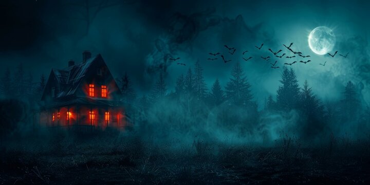 Haunted house in the middle of a dark forest with a full moon and bats flying around