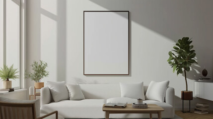 Frame mockup white modern furniture in living room near big window and shadow