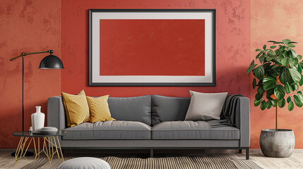 Frame mockup Living room red loft wall with houseplant pot