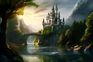 Enchanted Castle Floating over Serene Lake in Mystical Forest, Digital illustration Magical Land Of Enchanted Forests, Castle, Sparkling Waterfalls And Lush Meadows, Lake And Fairy Tail.