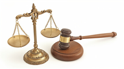 Wooden judge Hammer and scale. gold bronz and wood gavel isolated on transparent background, PNG