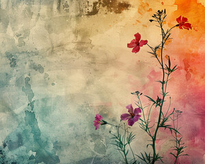 Artistic expression of grunge and beauty with watercolor plants and flowers emerging from an abstract