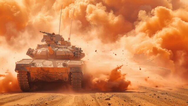 A military armored vehicle navigates desert terrain, passing through minefields and smoke.
