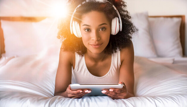 Portrait of a young beautiful African-American woman relaxing and listening to music using wireless headphones and a touch screen tablet. Looking at camera, lying on front in the bed. Generative Ai.