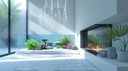 Modern living room interior with large fish tank - obrazy, fototapety, plakaty