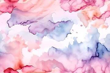 Soft watercolor background with pink, yellow, and blue hues blending into a dreamy pastel cloud effect Abstract watercolor background, pastel pink and blue colors.